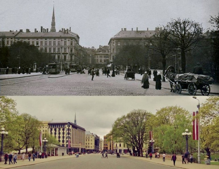 Brīvības laukums 1910. gads un mūsdienas.